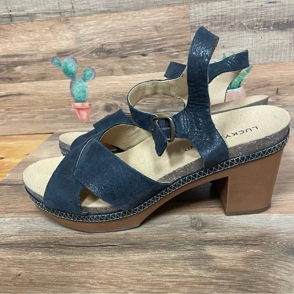 Lucky Brand Harvia platform sandals Women's 8 Black leather wood block Heel